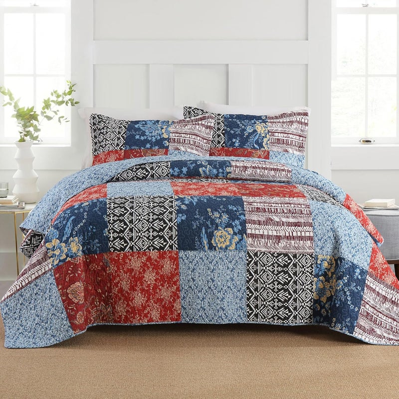 Secgo Twin Comforter Set for Bed - 100% Cotton Quilts Twin Size, Black Bedspreads (68 * 86 Inch) with 2 Pillow Shams, Patchwork Reversible Lightweight Bedding - Image 1